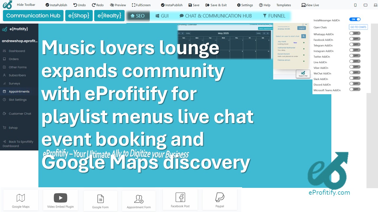 Music lovers lounge expands community with eProfitify for playlist menus live chat event booking and Google Maps discovery
